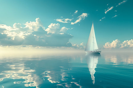 Serene Seascape with White Sailing Yacht on Calm Ocean Water, Blue Sky with Clouds Reflection AI Generativeの素材