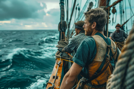 Rugged Bearded Sailor on a Sailing Ship Braving the Open Sea with Crew in the Background AI Generativeの素材