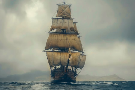 Majestic Tall Ship Sailing Through Stormy Seas with Misty Horizon, Dramatic Nautical Adventure on the Ocean AI Generativeの素材