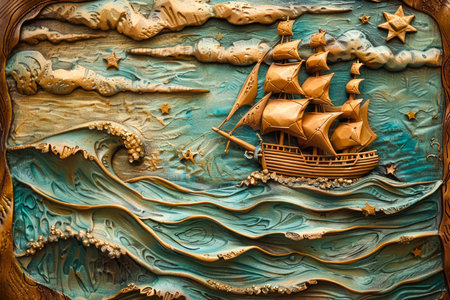 Vintage Carved Wooden Sailing Ship on Ocean Waves with Clouds and Stars in Rustic Art Style for Wall Decor AI Generativeの素材