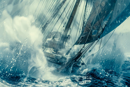 Majestic Sailing Ship Braving the Stormy Seas with Tall Masts and Billowing Sails Amidst Powerfully Crashing Waves AI Generativeの素材