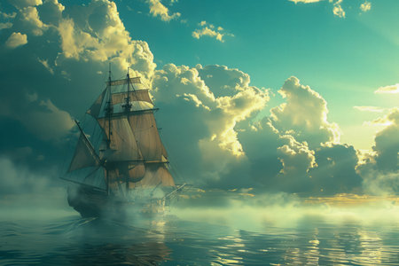 Majestic Sailing Ship on Misty Waters Against a Beautiful Sunset Sky with Dramatic Clouds AI Generativeの素材