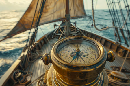 Vintage Nautical Compass on Wooden Ship Deck with Sails and Ocean View at Sunset AI Generativeの素材