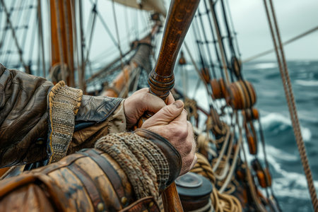 Sailor Adjusting Rigging on Vintage Sailing Ship During Stormy Sea Voyage AI Generativeの素材