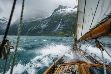 Sailing Adventure on Stormy Seas with Majestic Mountain Views from Wooden Sailboat AI Generativeの素材