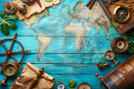 Vintage Nautical World Map with Exploration Maritime Objects on Wooden Background for Travel Concept AI Generativeの素材