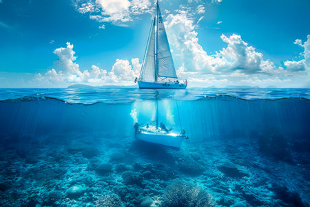 Serene Sailing Adventure in Crystal Clear Tropical Ocean Waters with Vibrant Sky and Sunshine AI Generativeの素材