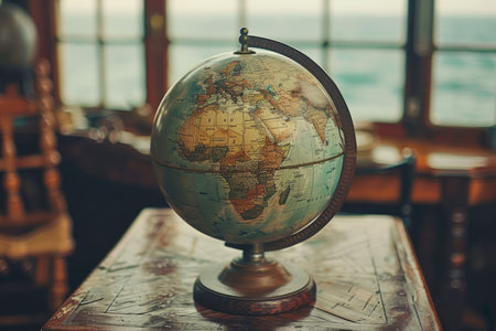 Vintage World Globe on Wooden Desk Overlooking Ocean Through Window Travel, Geography, and Educational Concept AI Generativeの素材