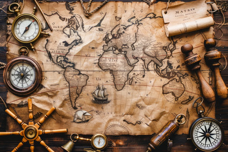 Vintage Nautical Exploration and Cartography Equipment on World Map Background for Traditional Travel Concept AI Generativeの素材