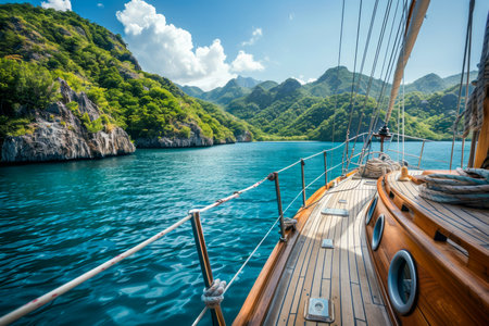 Scenic Ocean Voyage Luxury Yacht Sailing on Crystal Clear Waters Surrounded by Lush Green Islands AI Generativeの素材