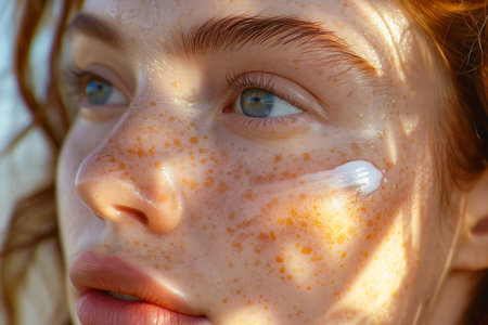 Close up Portrait of a Young Woman with Freckles Applying Sunscreen on Her Cheek Under Natural Light AI Generativeの素材