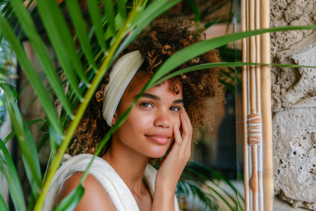 Portrait of a Young Woman with Curly Hair Smiling Gently While Posing Indoors Surrounded by Green Plants and Warm Ambient Light AI Generativeの素材