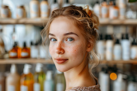 Beautiful Young Woman with Blond Hair and Blue Eyes Posing in a Rustic Kitchen with Shelves of Jars AI Generativeの素材