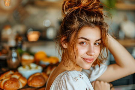 Young Smiling Woman with Messy Bun Enjoying Cozy Morning in Rustic Home Kitchen Surrounded by Fresh Bakery and Fruits AI Generativeの素材