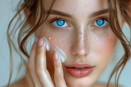 Close up Portrait of a Young Woman with Blue Eyes Applying Facial Cream AI Generativeの素材