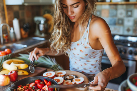 Young Woman Preparing Healthy Breakfast with Fruits and Eggs in a Modern Kitchen Setting AI Generativeの素材