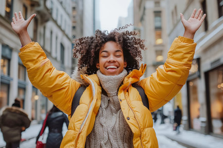 Joyful African American Woman in Yellow Jacket Celebrating Winter in the City with Arms Raised and a Cheerful Smile AI Generativeの素材