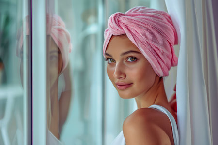 Young Woman with Pink Towel on Head Gazing Through Window, Reflective Beauty Portrait Indoors AI Generativeの素材