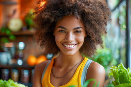 Radiant Young Woman with Curly Hair Smiling in a Lush Greenhouse Surrounded by Plants AI Generativeの素材