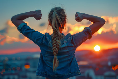 Back View of Strong Confident Girl with Braided Hair Showing Muscles Against Sunset Sky AI Generativeの素材