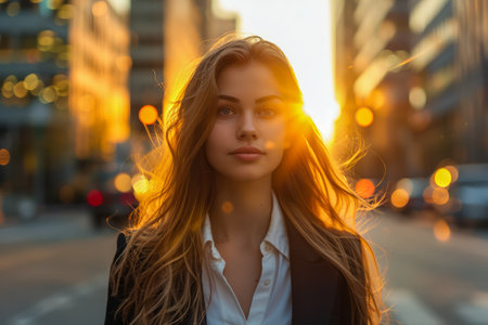Confident Businesswoman Walking in Urban Setting with Glowing Sunset Behind, Empowered Young Female Professional in Cityscape AI Generativeの素材