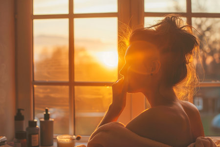 Serene Morning Woman Enjoying Sunrise Warmth Through Window in Cozy Home Setting AI Generativeの素材