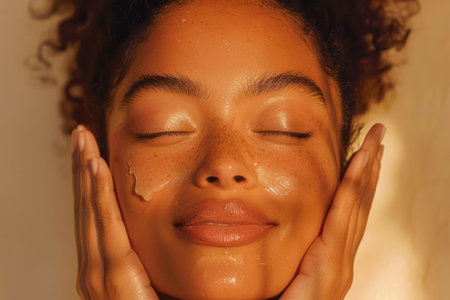 Radiant Young Woman with Curly Hair Enjoying a Skincare Routine, Smiling with Closed Eyes and Cream on Cheeks AI Generativeの素材