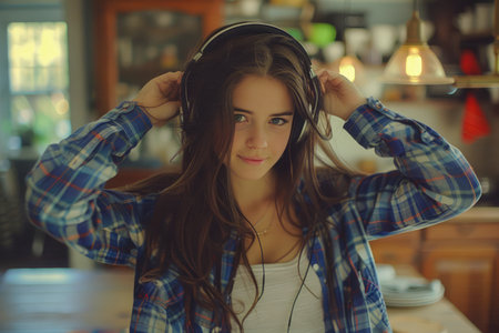 Young Woman Enjoying Music with Headphones in Cozy Home Environment AI Generativeの素材