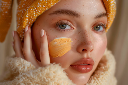 Portrait of a Young Woman Applying Organic Facial Mask for Skincare Routine, Aesthetic Beauty Treatment Concept, Natural Cosmetics AI Generativeの素材