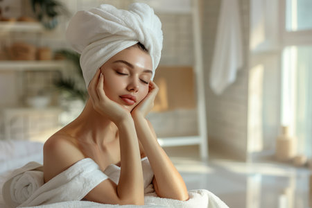 Serene Young Woman Enjoying Peaceful Morning in Sunlit Room with Towel on Her Head and Elegant Pose AI Generativeの素材