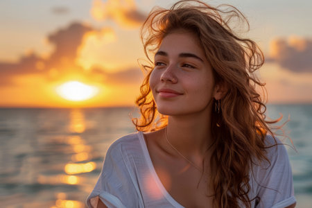 Serene Young Woman Enjoying a Blissful Sunset on the Seashore, Experiencing Peace and Contemplation Amidst Natural Beauty AI Generativeの素材