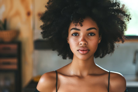 Portrait of a Young African American Woman with Natural Curly Hair and Subtle Smile Indoors AI Generativeの素材
