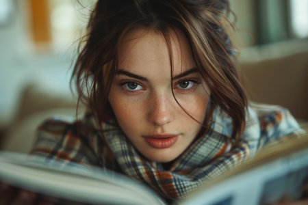 Young Woman Engrossed in Reading a Book with a Cozy Scarf at Home, Intimate Portrait with Focus on Eyes AI Generativeの素材