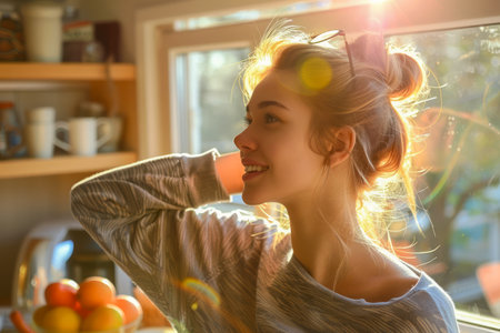Serene Young Woman Enjoying Sunlight in Cozy Home Kitchen with Healthy Fruit on Table, Morning Bliss and Relaxation AI Generativeの素材