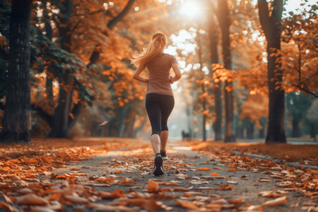 Young Woman Jogging on a Sunny Autumn Morning Through a Park with Golden Fallen Leaves AI Generativeの素材