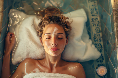 Young Woman Relaxing with Facial Mask in Bubble Bath, Serene Spa Day at Home, Self Care Routine Concept AI Generativeの素材