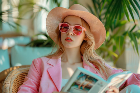 Stylish Woman in Pink Blazer and Sunhat Relaxing in a Wicker Chair Enjoying Magazine at a Tropical Resort AI Generativeの素材