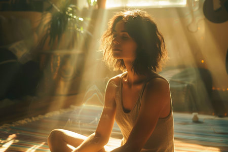Tranquil Woman Enjoying Sunlight During Quiet Morning Meditation in Cozy Room AI Generativeの素材