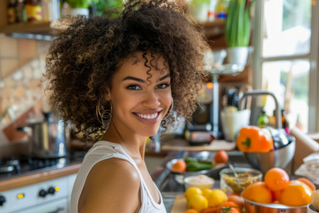 Smiling Young Woman Preparing Healthy Meal in a Bright Kitchen with Fresh Vegetables and Fruits AI Generativeの素材