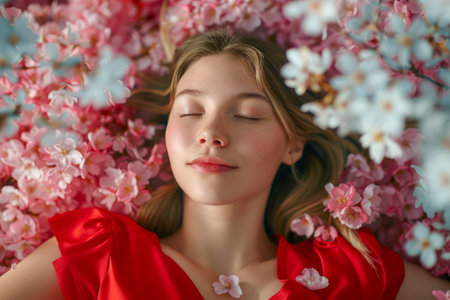 Serene Young Woman with Eyes Closed Surrounded by Spring Cherry Blossoms in Vibrant Red Dress AI Generativeの素材