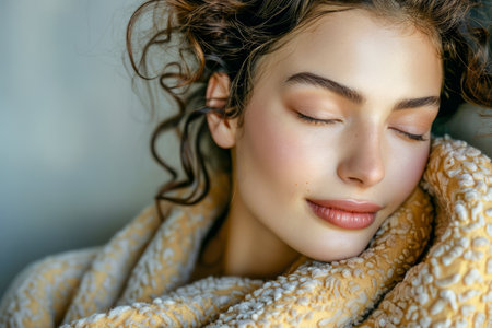 Serene Young Woman Wrapped in Cozy Knitted Blanket Enjoying a Peaceful Moment with Eyes Closed AI Generativeの素材
