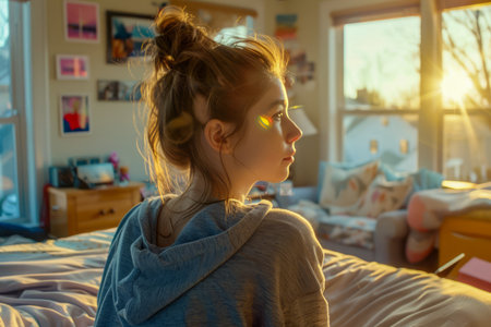 Tranquil Young Woman Enjoying Golden Hour Sunlight in Cozy Home Bedroom Interior AI Generativeの素材