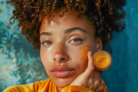 Young Woman with Radiant Skin Applying Organic Face Scrub for Natural Skincare Routine Beauty Portrait AI Generativeの素材