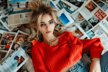 Stylish Young Woman in Red Sweater Lying on a Collection of Spread Out Newspapers, Fashionable Casual Pose AI Generativeの素材