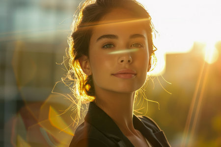 Young Woman Enjoying Sunset in the City with Warm Golden Hour Light on Her Face AI Generativeの素材