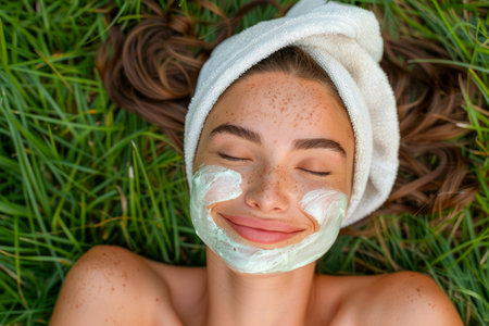 Woman Relaxing on Grass with Beauty Facial Mask, Natural Skincare Wellness, Outdoor Spa Concept, Freshness and Skincare Ritual in Nature, Serene Beautiful Female with Organic Face Treatment AI Generativeの素材