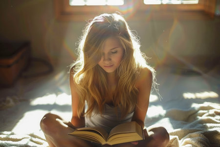 Young Woman Reading a Book in a Sunlit Room, Beautiful Morning Light Caressing Her Hair and Peaceful Ambiance for Leisure Time AI Generativeの素材