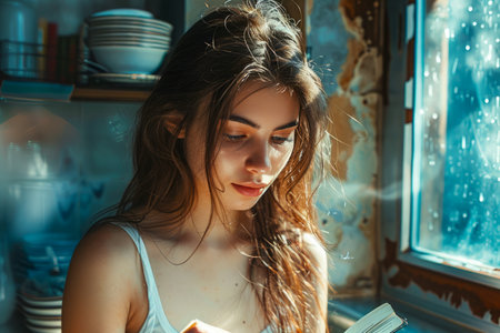 Young Woman Enjoying a Peaceful Moment Reading by a Sunlit Window in a Cozy Home Environment, Reflective and Absorbed in Literature AI Generativeの素材