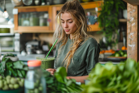 Young Woman Enjoying Fresh Organic Green Smoothie in Modern Kitchen Amidst Lush Vegetables AI Generativeの素材