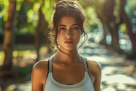 Young Woman Enjoying a Peaceful Moment on a Sun dappled Path in the Park, Radiating Natural Beauty and Serenity AI Generativeの素材